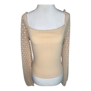 Lush Cream Ribbed Knit Top‎ Polka Dot Mesh Long Sleeve Square Neck Blouse Medium